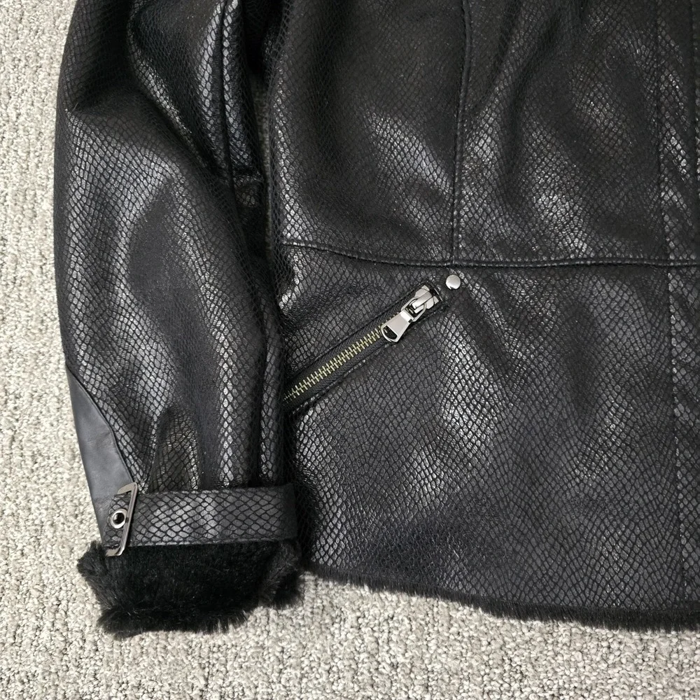 VTG Cache Faux Snakeskin Shimmer Leather Fur Trim Zip Jacket Womens‎ L